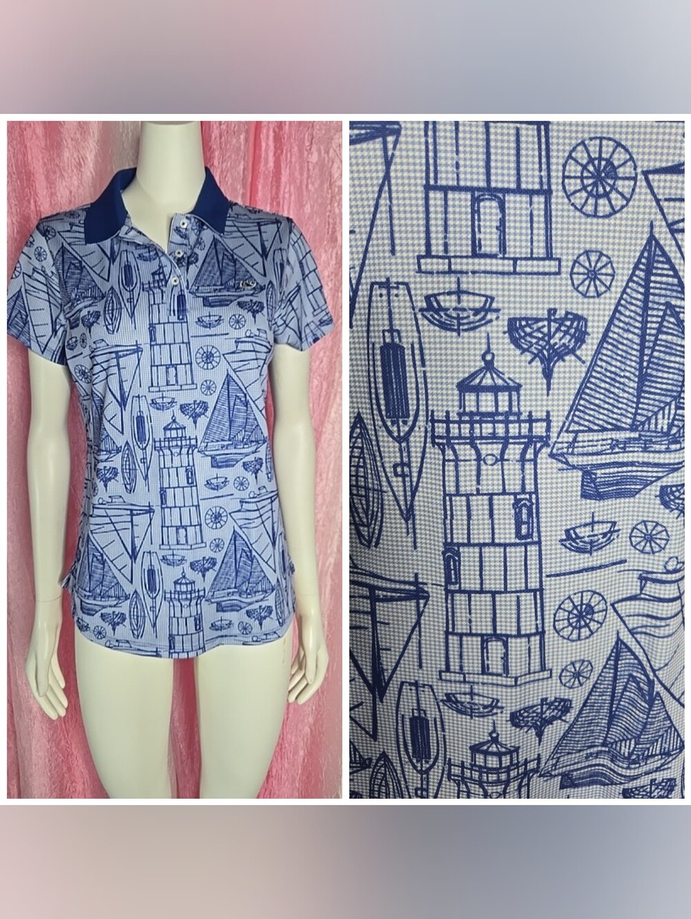 Vineyard Vines Performance Golf Blue Nautical Print Casual Active Top Size Small